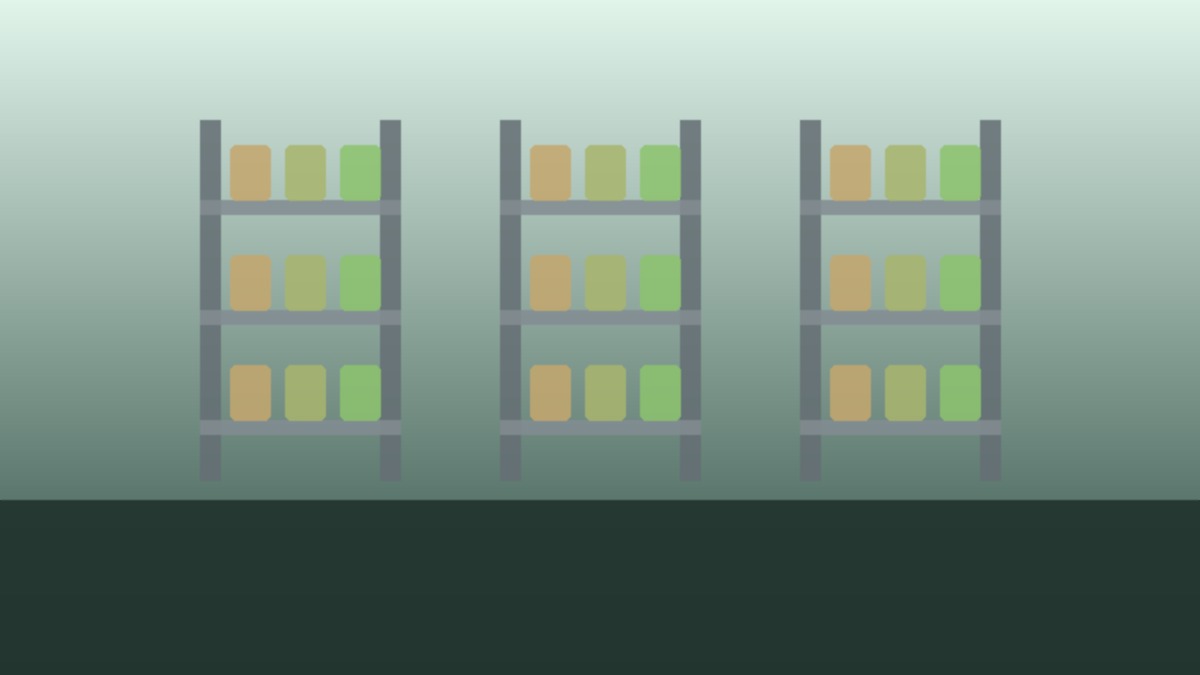 Neatly arranged shelves of retail inventory boxes in a clean, modern warehouse backroom.